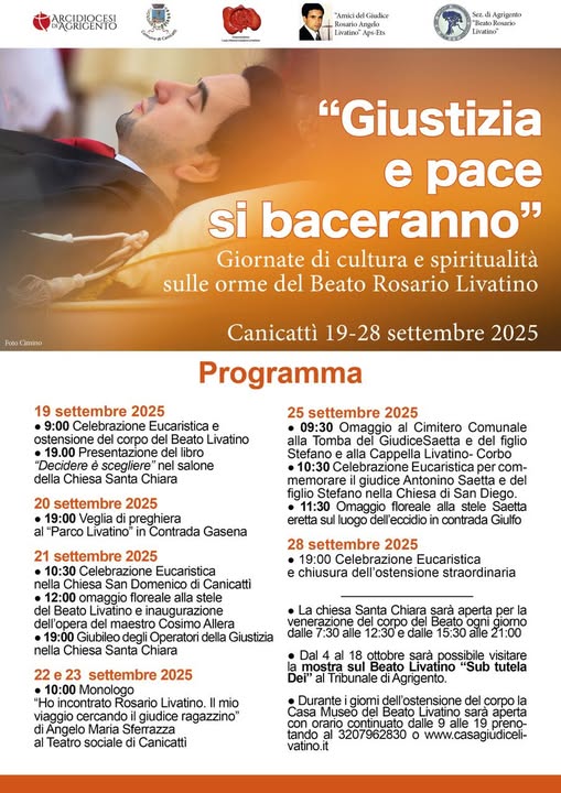 Canicattì, giornate di spiritualità e cultura per il Beato Rosario Livatino dal 19 al 28 settembre 2025 Canicattì, giornate di spiritualità e cultura per il Beato Rosario Livatino dal 19 al 28 settembre 2025